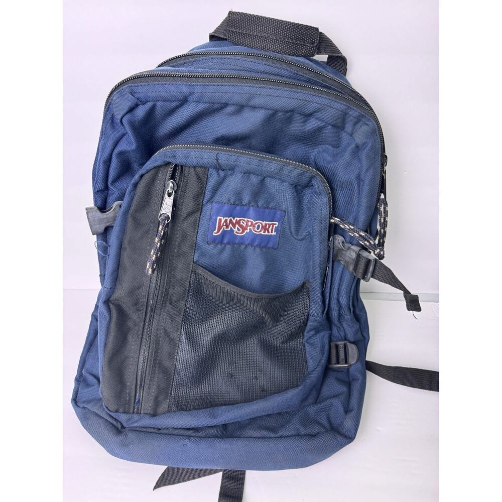 Vintage 90s JanSport Backpack Navy Blue Multi Pocket Daypack Book Bag USA